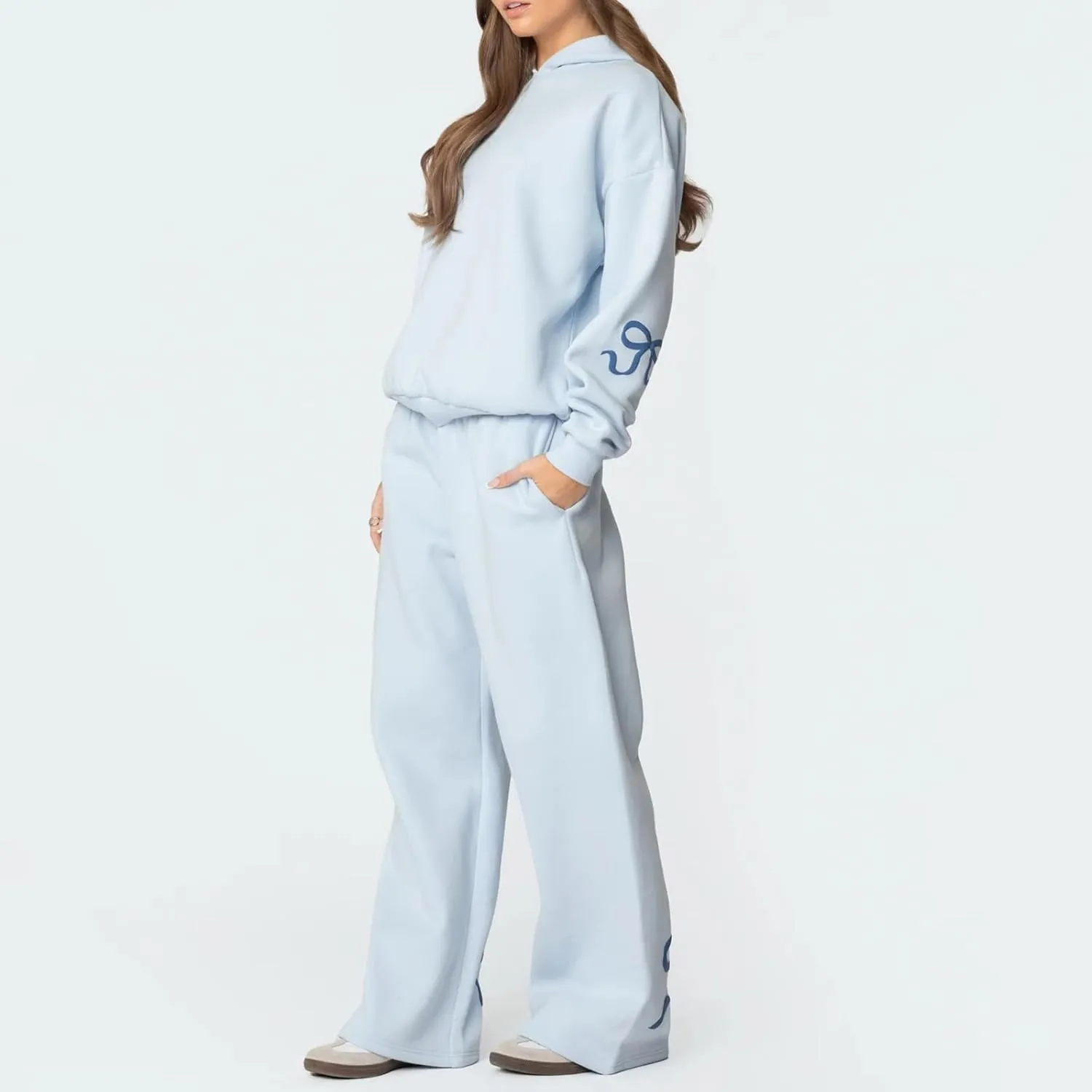 Women Bow Print Sweat Set Long Sleeve Oversized Hoodie Wide Leg Sweatpants 2 Piece Outfits Matching Tracksuit