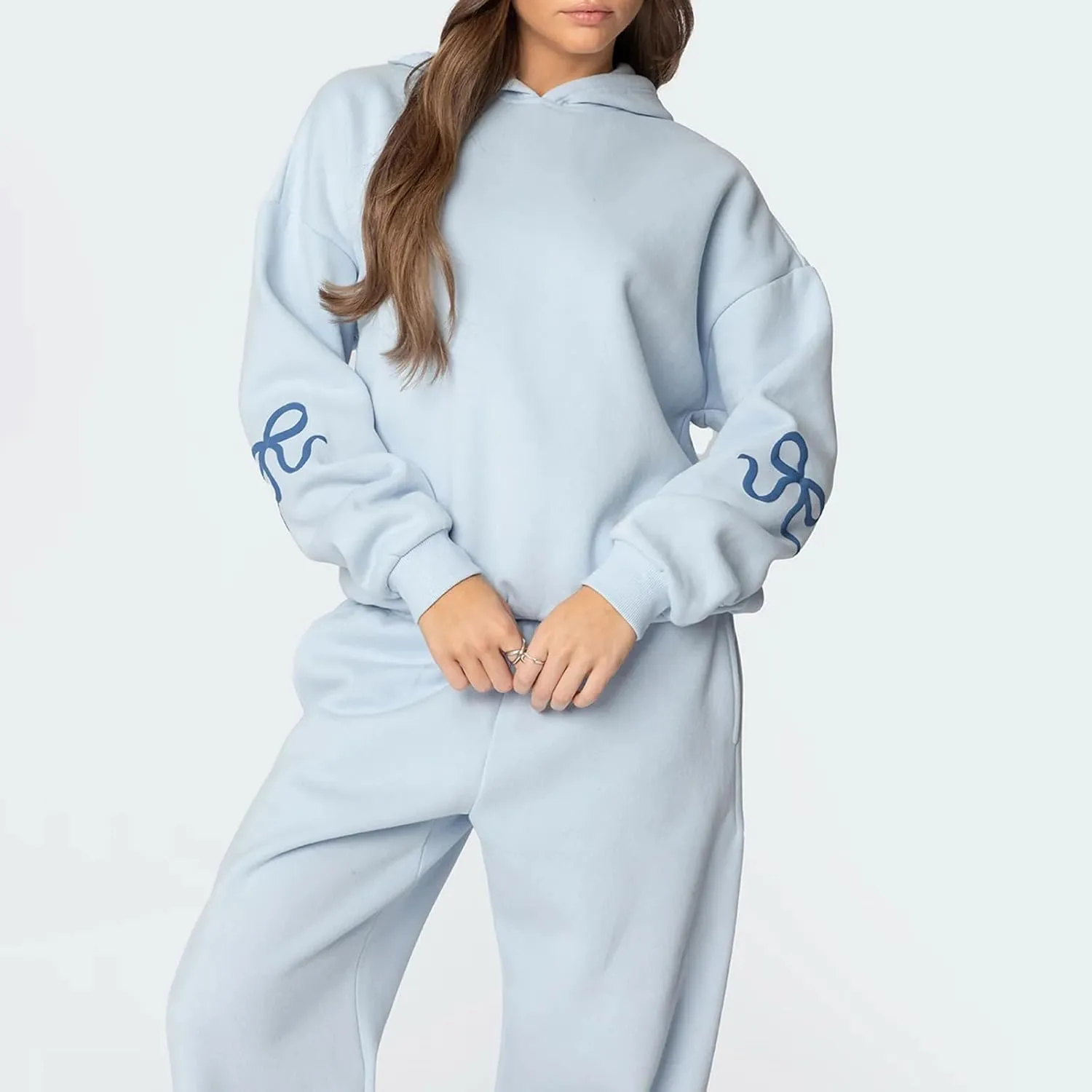 Women Bow Print Sweat Set Long Sleeve Oversized Hoodie Wide Leg Sweatpants 2 Piece Outfits Matching Tracksuit