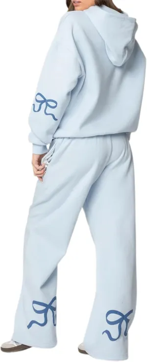 Women Bow Print Sweat Set Long Sleeve Oversized Hoodie Wide Leg Sweatpants 2 Piece Outfits Matching Tracksuit