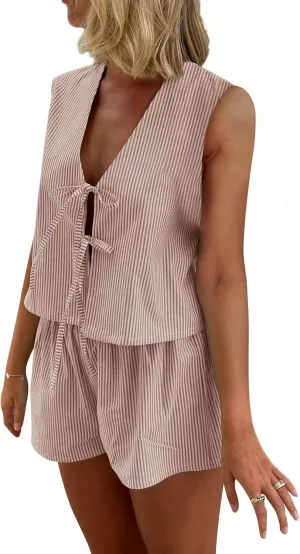 Women Casual Summer Lounge Set Y2k 2 Piece Outfits Set Sleeveless Tie Front Tank Top Vest Boxer Shorts Pj Set