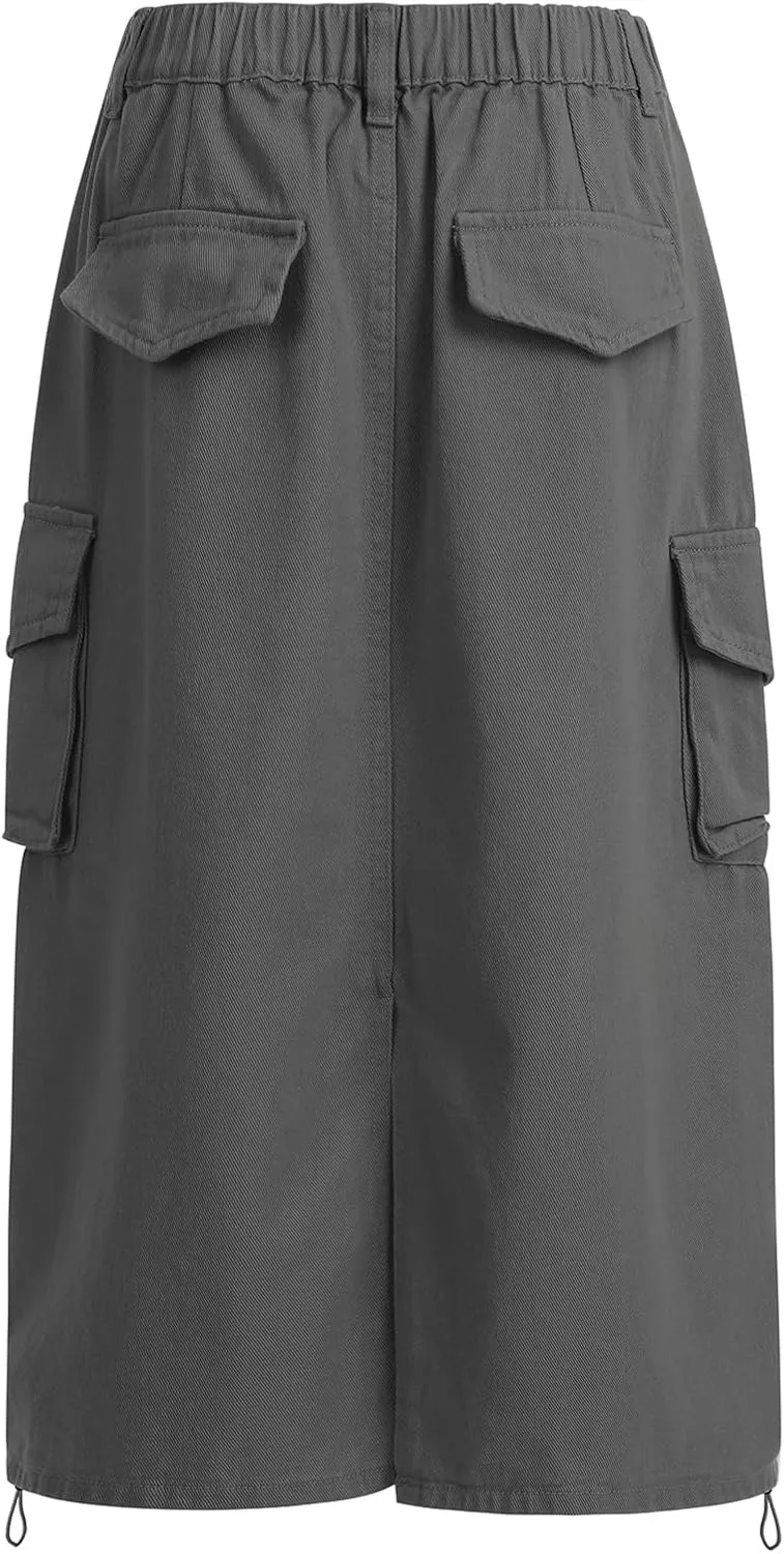 Women Denim Cargo Long Skirts High Waisted Pencil Skirt Midi Length Jean Skirt with Cargo Pockets