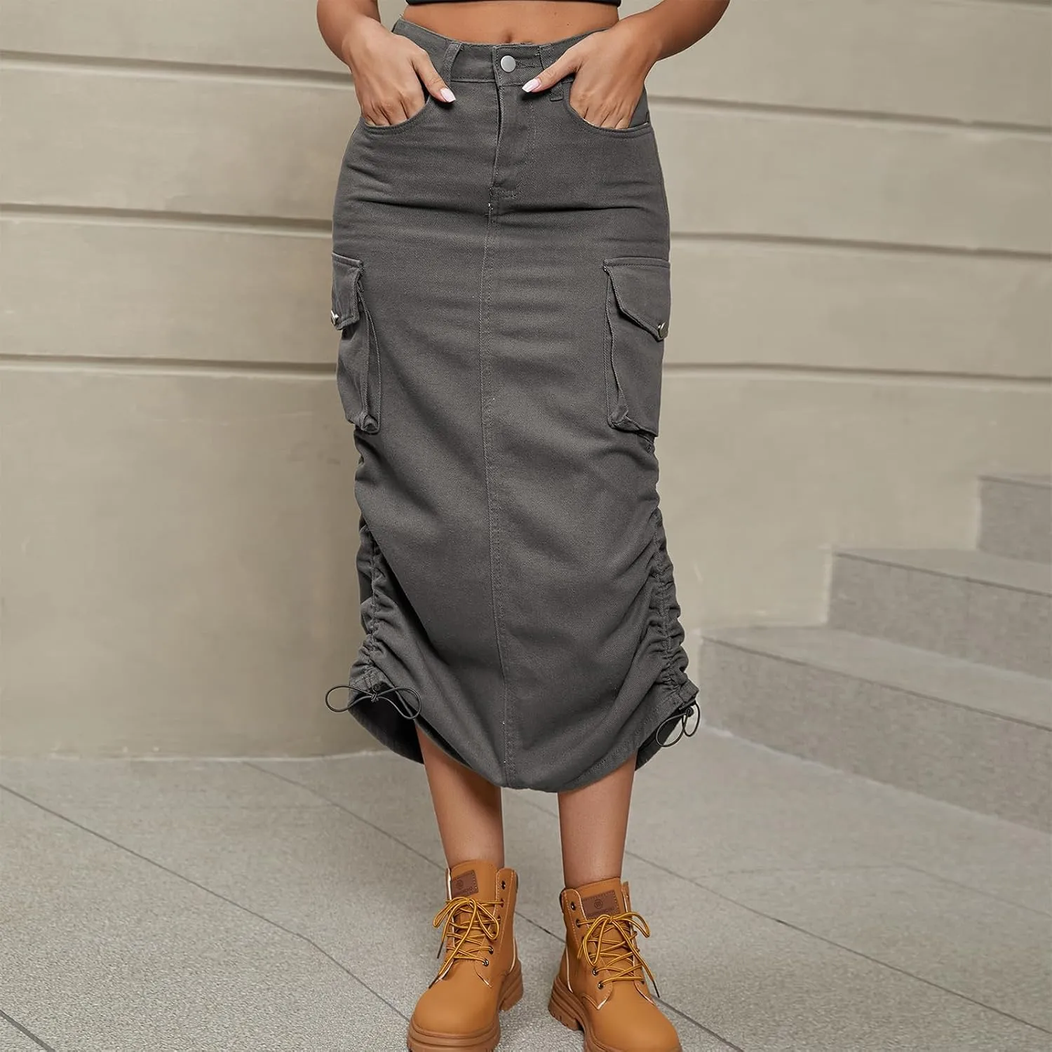 Women Denim Cargo Long Skirts High Waisted Pencil Skirt Midi Length Jean Skirt with Cargo Pockets