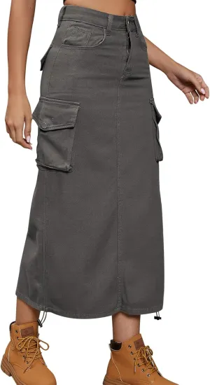 Women Denim Cargo Long Skirts High Waisted Pencil Skirt Midi Length Jean Skirt with Cargo Pockets