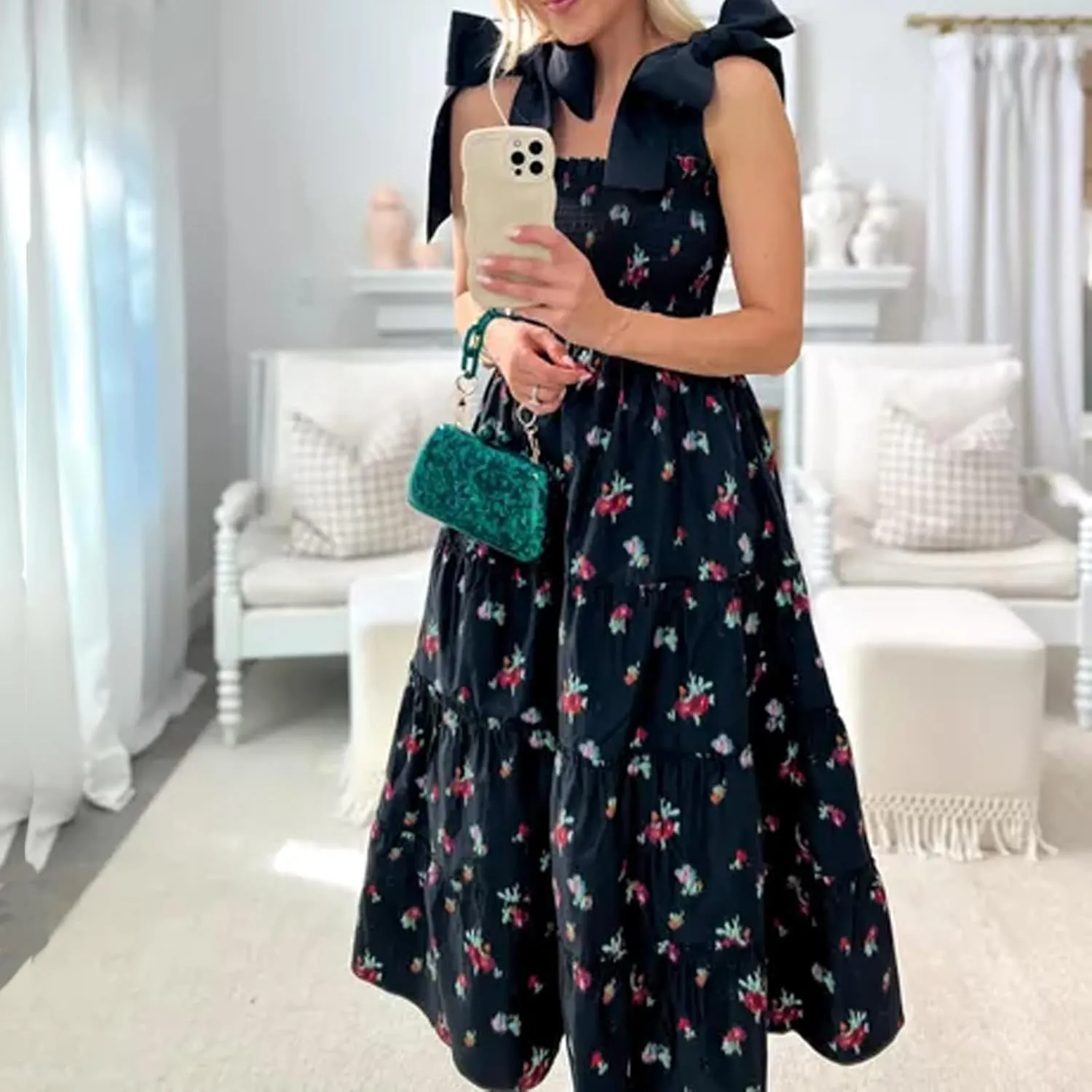 Women Floral Boho Maxi Dress Tie Shoulder Flowy Swing Smocked Dress Summer Backless Long Sundress
