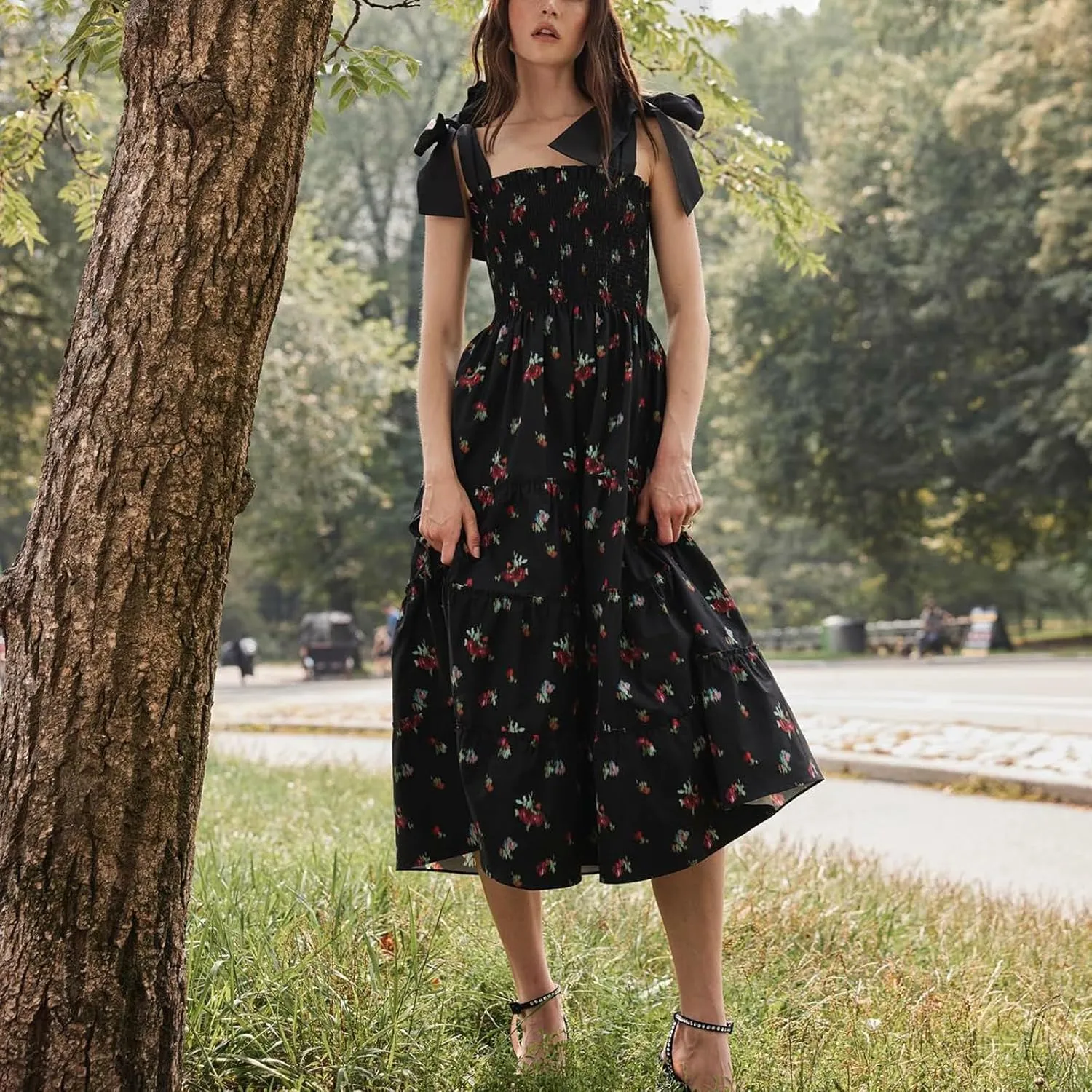 Women Floral Boho Maxi Dress Tie Shoulder Flowy Swing Smocked Dress Summer Backless Long Sundress