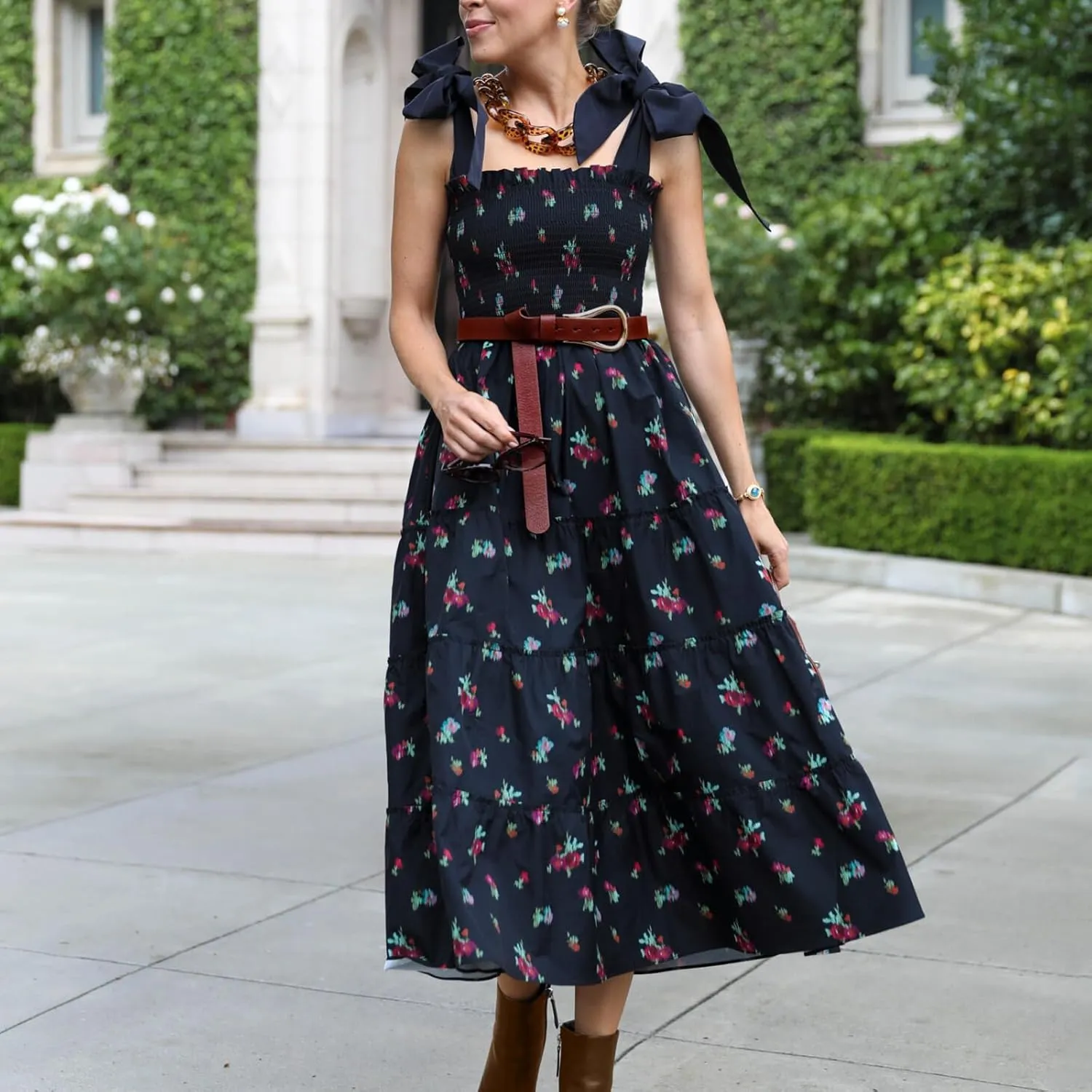 Women Floral Boho Maxi Dress Tie Shoulder Flowy Swing Smocked Dress Summer Backless Long Sundress