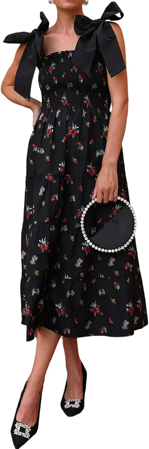 Women Floral Boho Maxi Dress Tie Shoulder Flowy Swing Smocked Dress Summer Backless Long Sundress