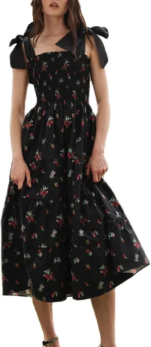 Women Floral Boho Maxi Dress Tie Shoulder Flowy Swing Smocked Dress Summer Backless Long Sundress
