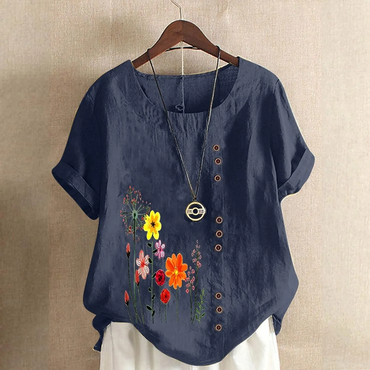 Women Floral Print Linen Shirts Short Sleeve Gauze Tops Loose Fit Cotton Blouses Trendy 2024 Clothing