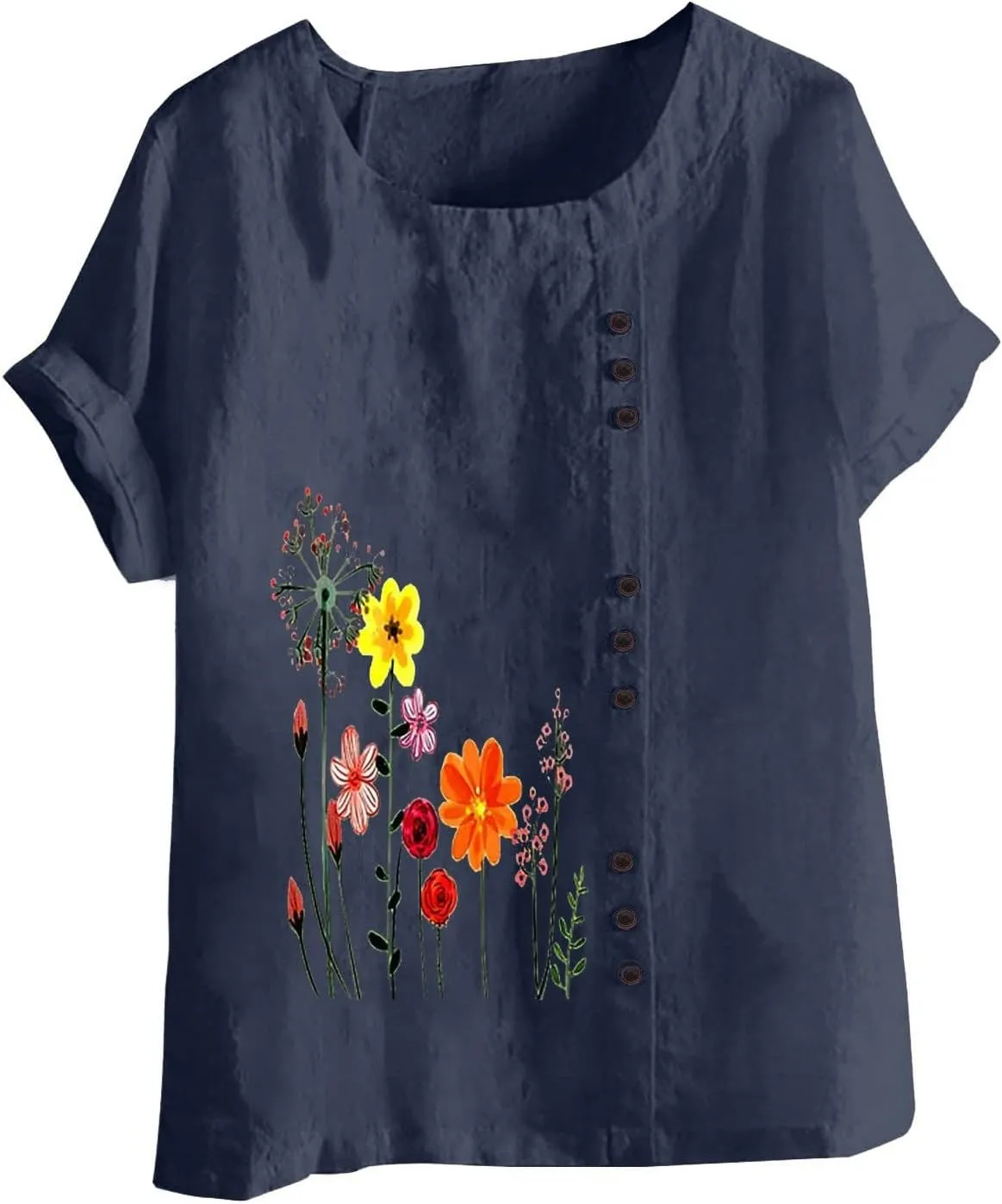 Women Floral Print Linen Shirts Short Sleeve Gauze Tops Loose Fit Cotton Blouses Trendy 2024 Clothing