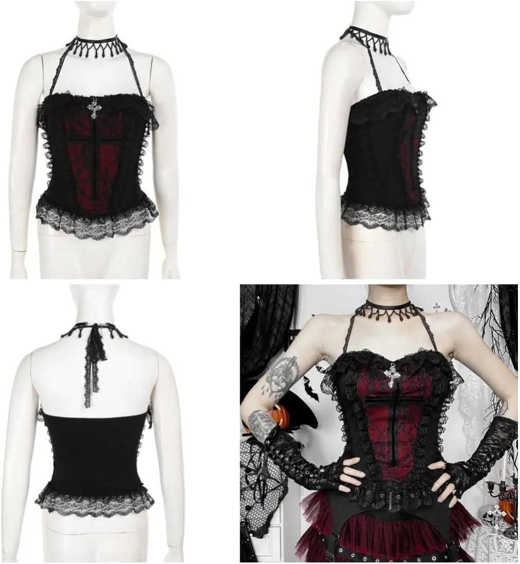 Women Gothic Crop Tank Top Sleeveless Camisole Tops Y2K Grunge Blouse Cami Shirt