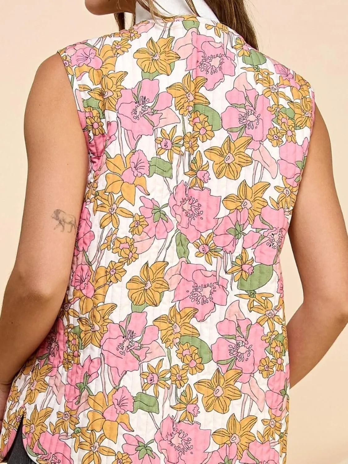 Women Lightweight Floral Printed Vest Sleeveless Padded Gilet Quilted Puffer Coat Bow Tie Open Front Tops