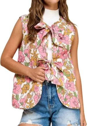 Women Lightweight Floral Printed Vest Sleeveless Padded Gilet Quilted Puffer Coat Bow Tie Open Front Tops