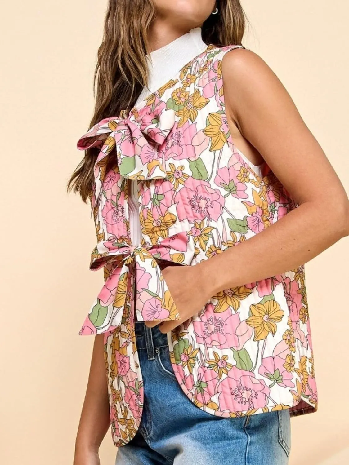 Women Lightweight Floral Printed Vest Sleeveless Padded Gilet Quilted Puffer Coat Bow Tie Open Front Tops