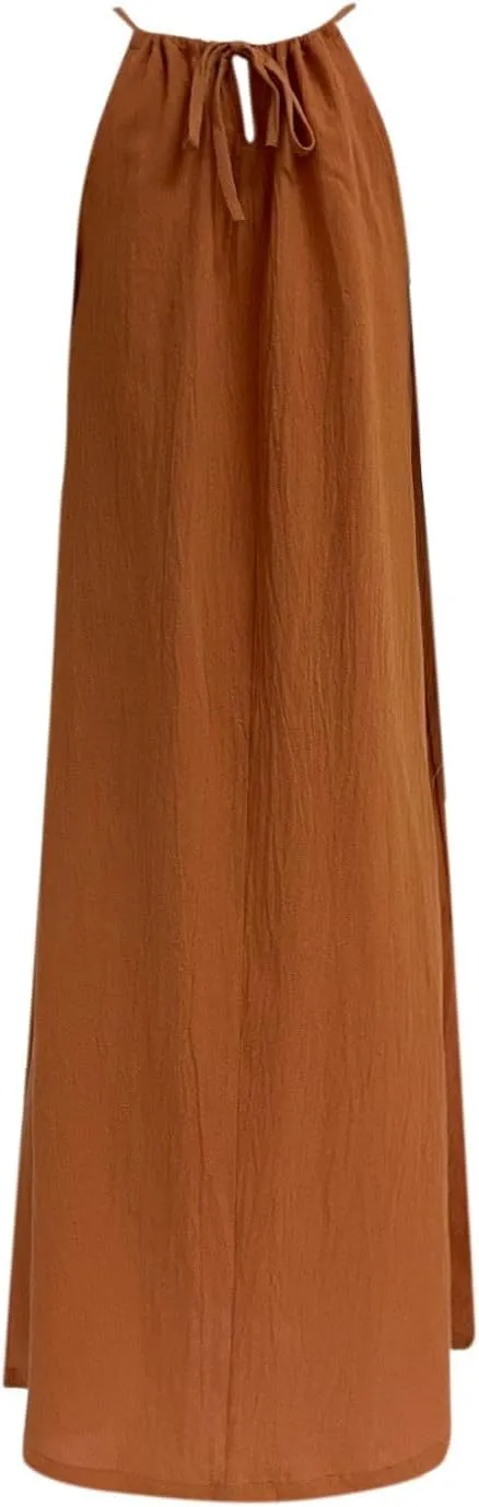 Women Linen Sleeveless Extra Long Back Lace Up Linen Sleeveless Extra Long Dress Flare Midi Dress