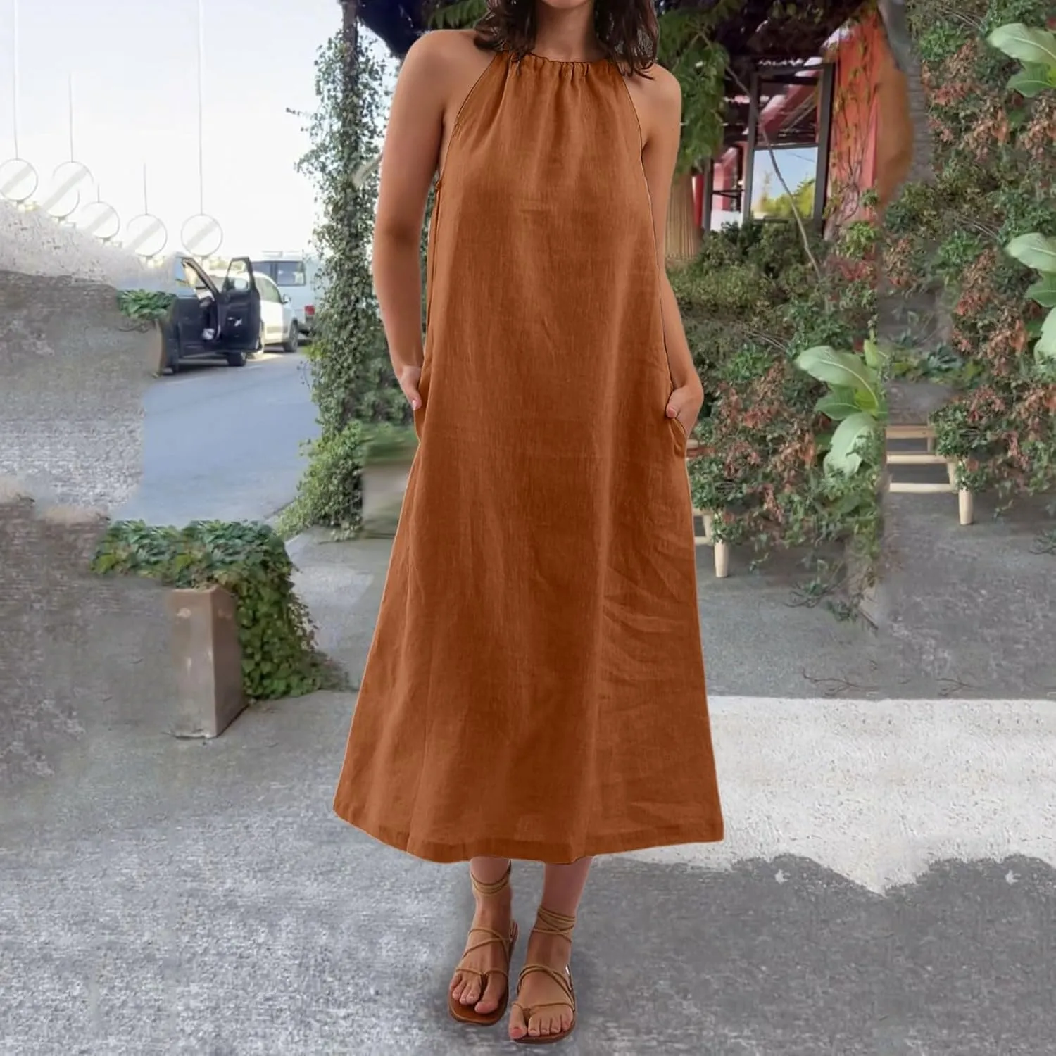 Women Linen Sleeveless Extra Long Back Lace Up Linen Sleeveless Extra Long Dress Flare Midi Dress