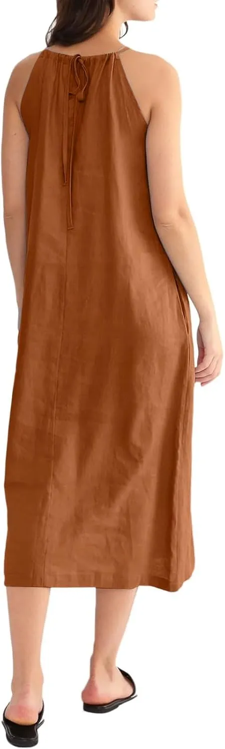 Women Linen Sleeveless Extra Long Back Lace Up Linen Sleeveless Extra Long Dress Flare Midi Dress