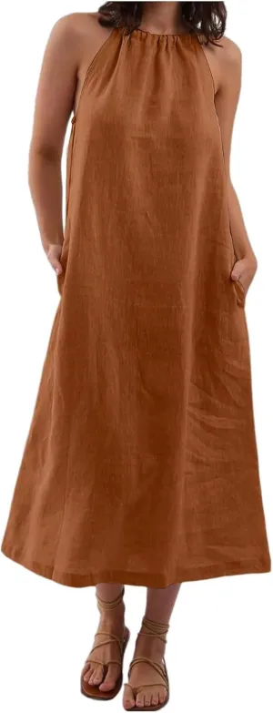 Women Linen Sleeveless Extra Long Back Lace Up Linen Sleeveless Extra Long Dress Flare Midi Dress