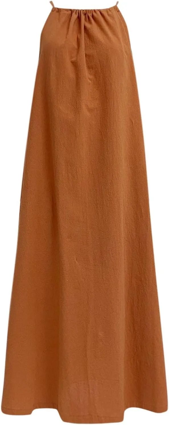 Women Linen Sleeveless Extra Long Back Lace Up Linen Sleeveless Extra Long Dress Flare Midi Dress