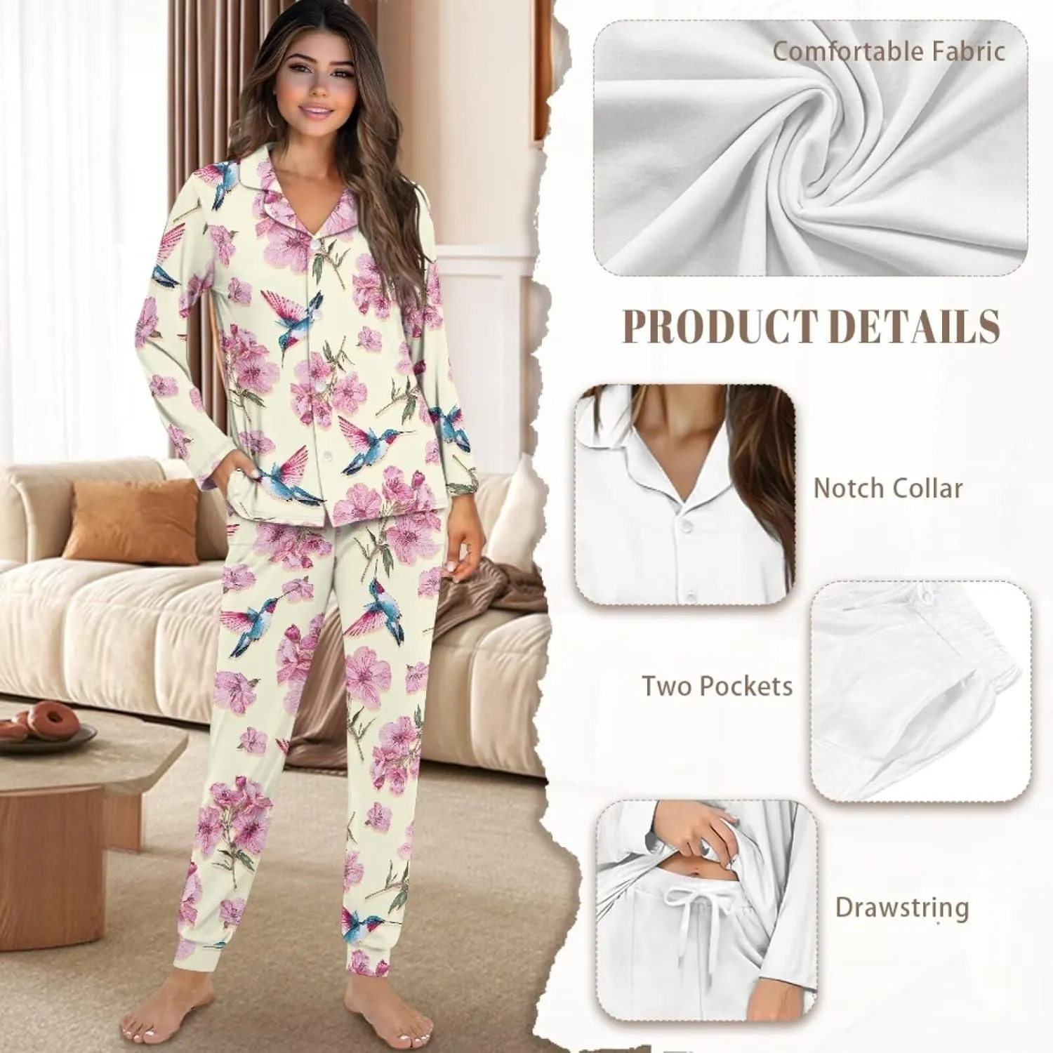 Women Pajamas Set Long Sleeve Sleepwear Button Down Nightwear with 2 Pockets Pajamas Set Pj Lounge Sets, S-2XL
