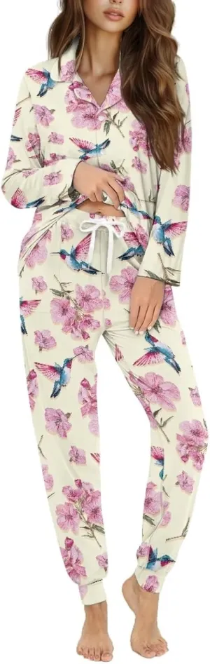 Women Pajamas Set Long Sleeve Sleepwear Button Down Nightwear with 2 Pockets Pajamas Set Pj Lounge Sets, S-2XL