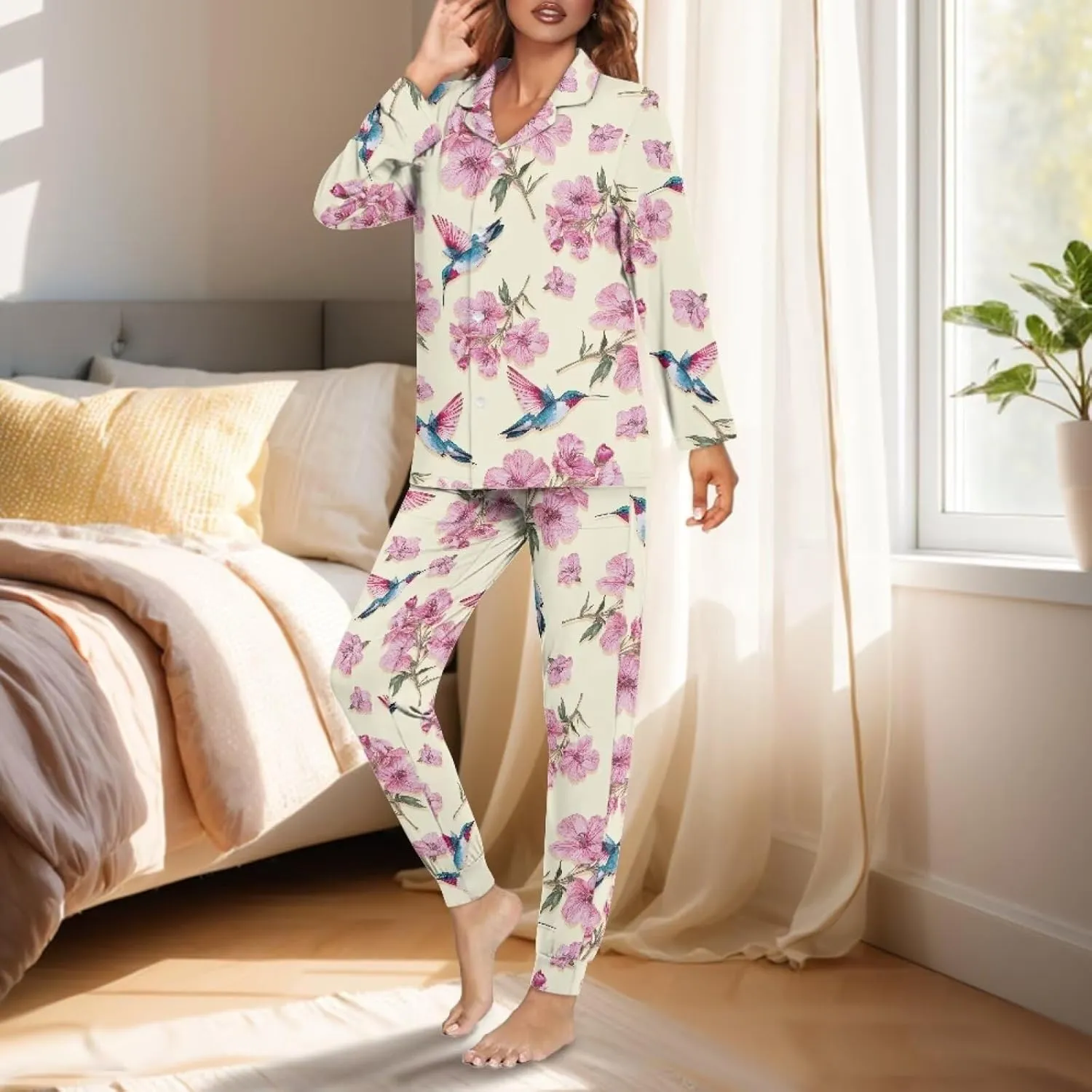 Women Pajamas Set Long Sleeve Sleepwear Button Down Nightwear with 2 Pockets Pajamas Set Pj Lounge Sets, S-2XL
