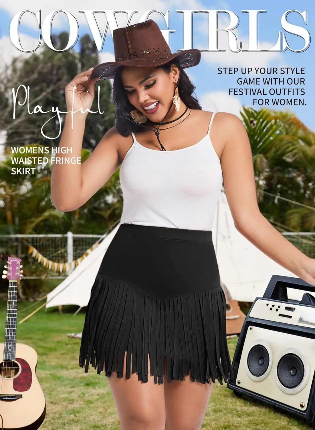 Women Plus Size Fringe Cowgirl Mini Skirt - Western Country Concert Rodeo Outfit High Waisted Tassel Boho Bottoms