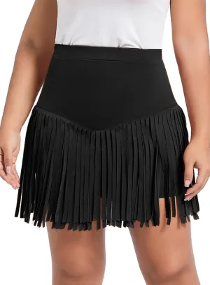 Women Plus Size Fringe Cowgirl Mini Skirt - Western Country Concert Rodeo Outfit High Waisted Tassel Boho Bottoms