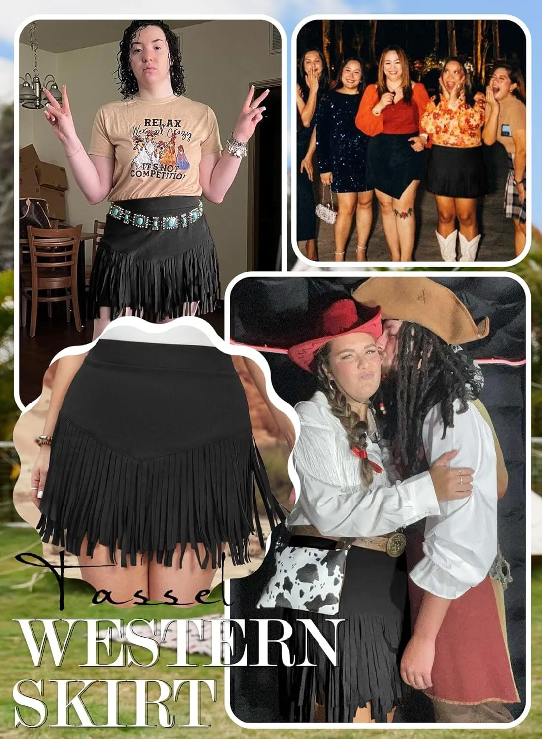 Women Plus Size Fringe Cowgirl Mini Skirt - Western Country Concert Rodeo Outfit High Waisted Tassel Boho Bottoms