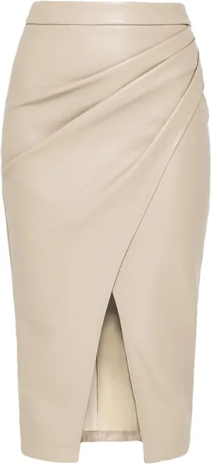 Women PU Leather Skirts A Line High Waist Fold Jeans Leather Mid Skirt Black Long Skirt