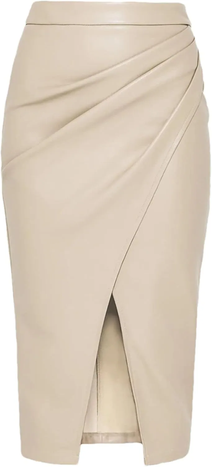 Women PU Leather Skirts A Line High Waist Fold Jeans Leather Mid Skirt Black Long Skirt
