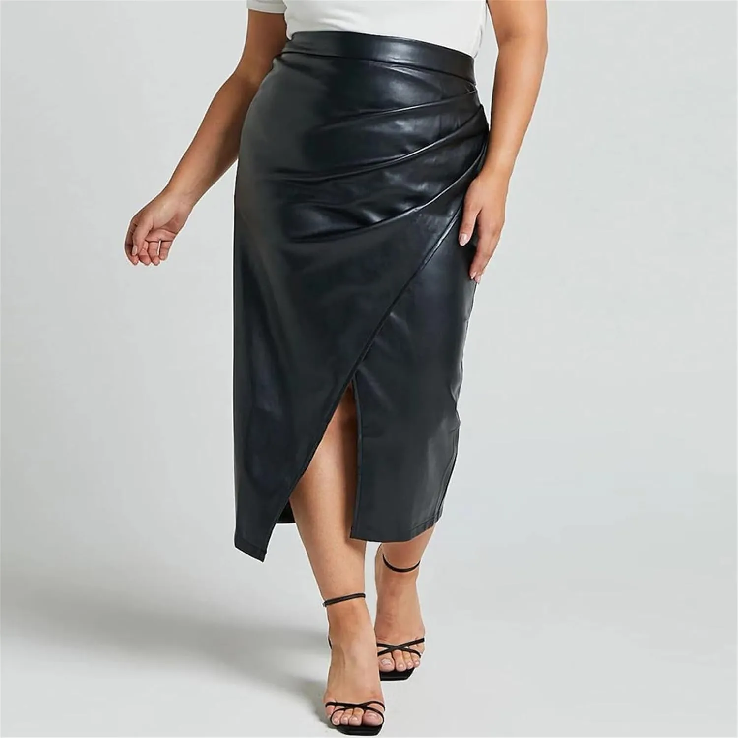 Women PU Leather Skirts A Line High Waist Fold Jeans Leather Mid Skirt Black Long Skirt
