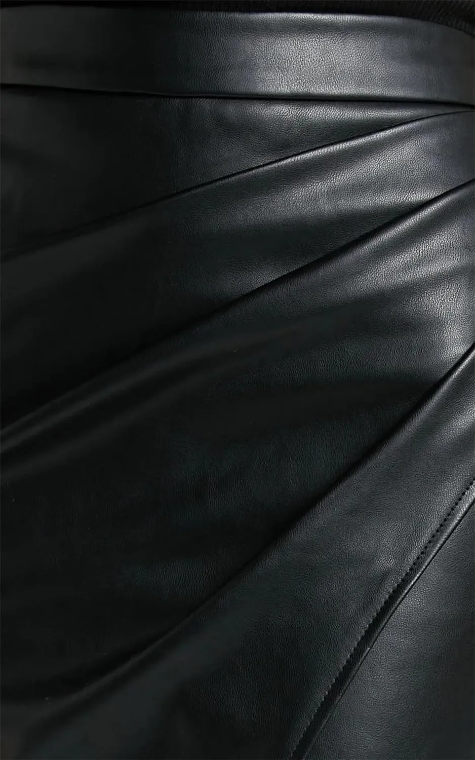 Women PU Leather Skirts A Line High Waist Fold Jeans Leather Mid Skirt Black Long Skirt