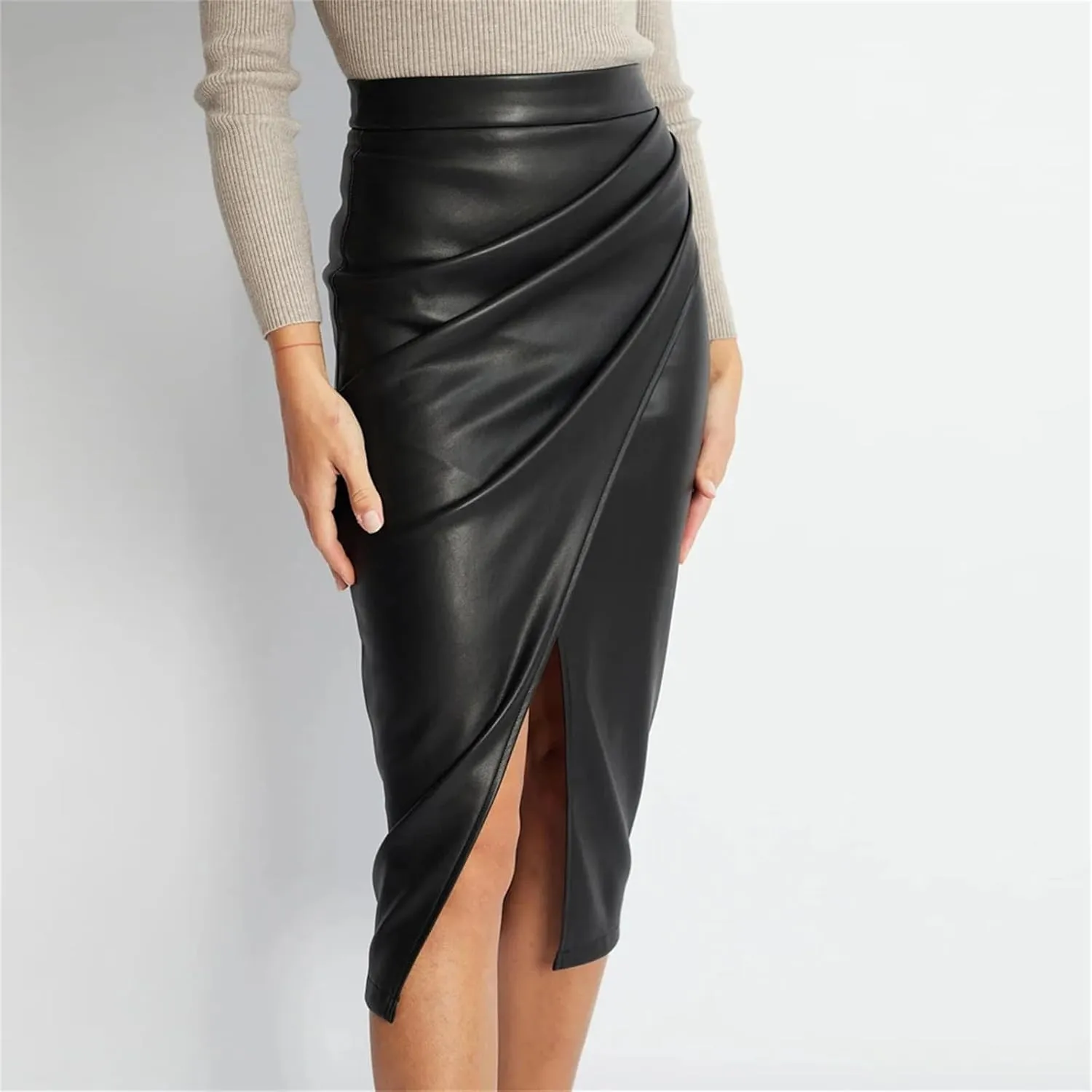 Women PU Leather Skirts A Line High Waist Fold Jeans Leather Mid Skirt Black Long Skirt