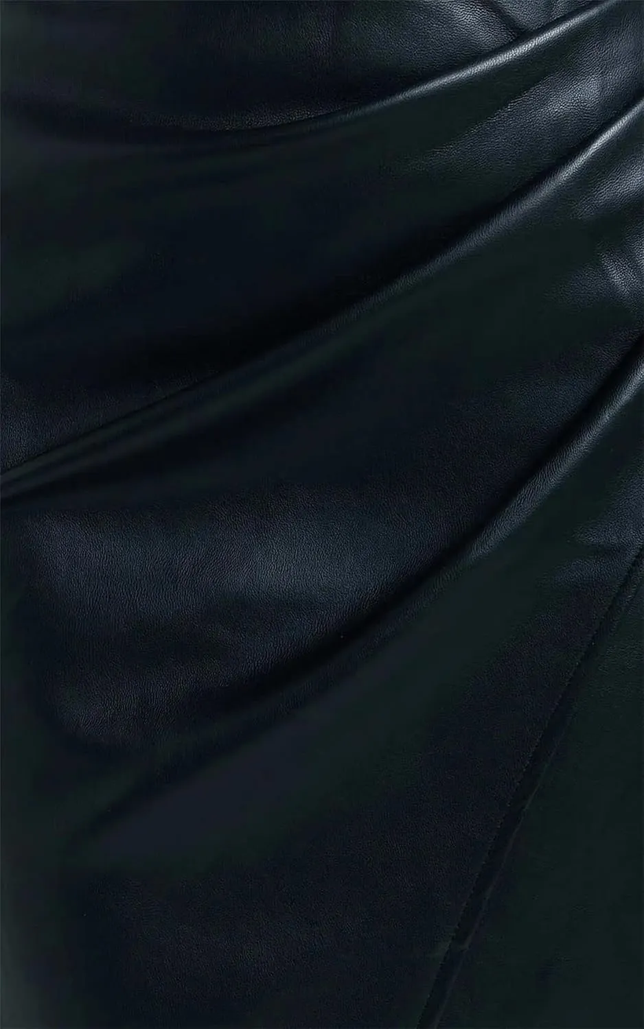 Women PU Leather Skirts A Line High Waist Fold Jeans Leather Mid Skirt Black Long Skirt
