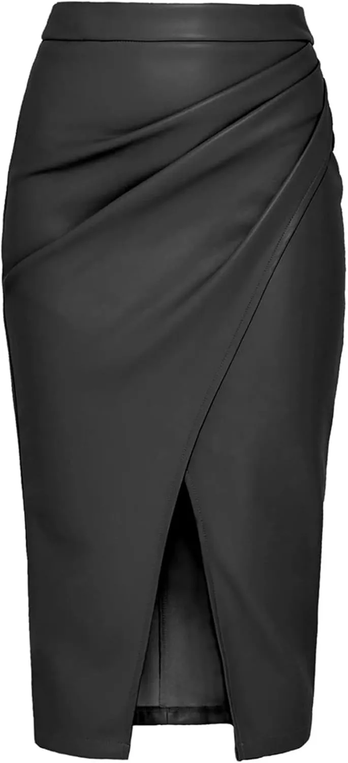 Women PU Leather Skirts A Line High Waist Fold Jeans Leather Mid Skirt Black Long Skirt