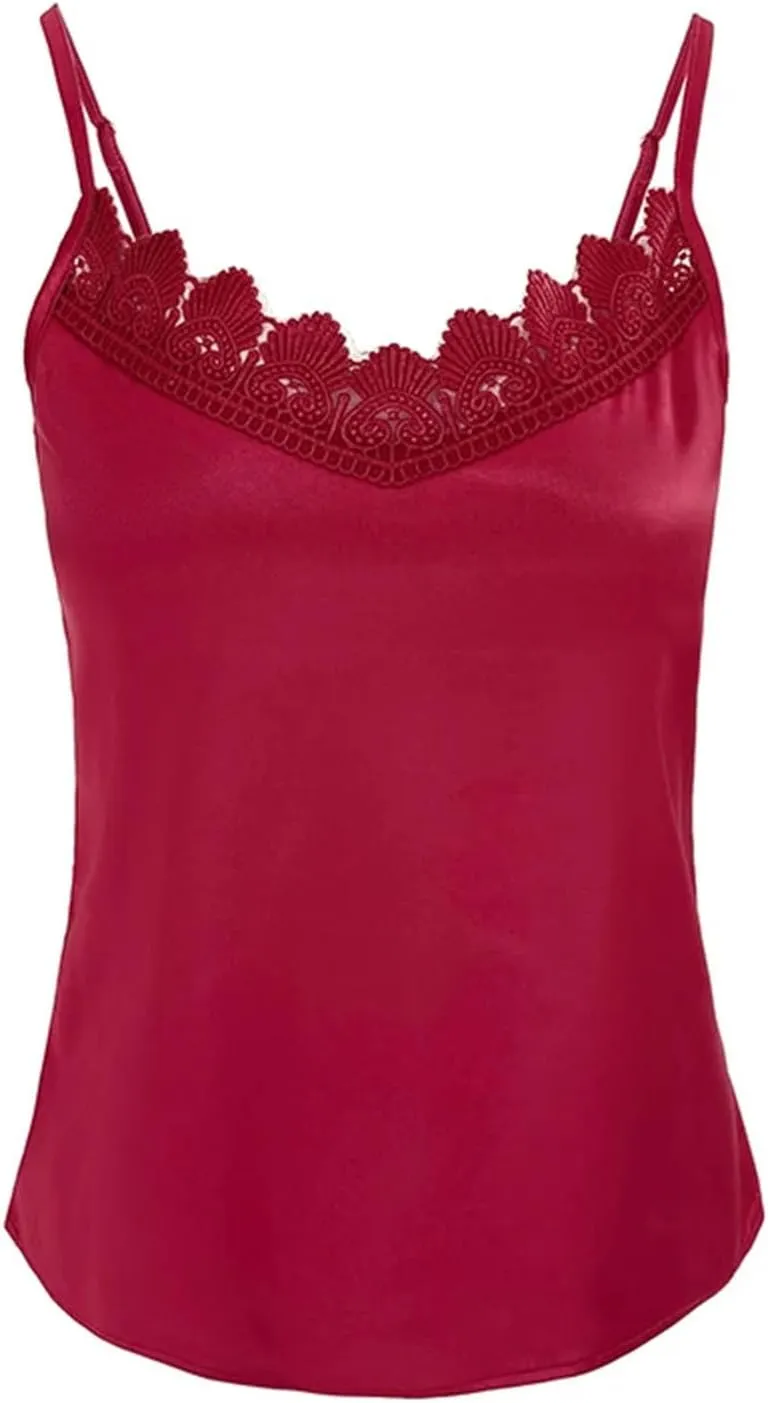 Women Sexy Silk Satin Tank Tops Camisole Spring V-Neck Patchwork Vest Shirt