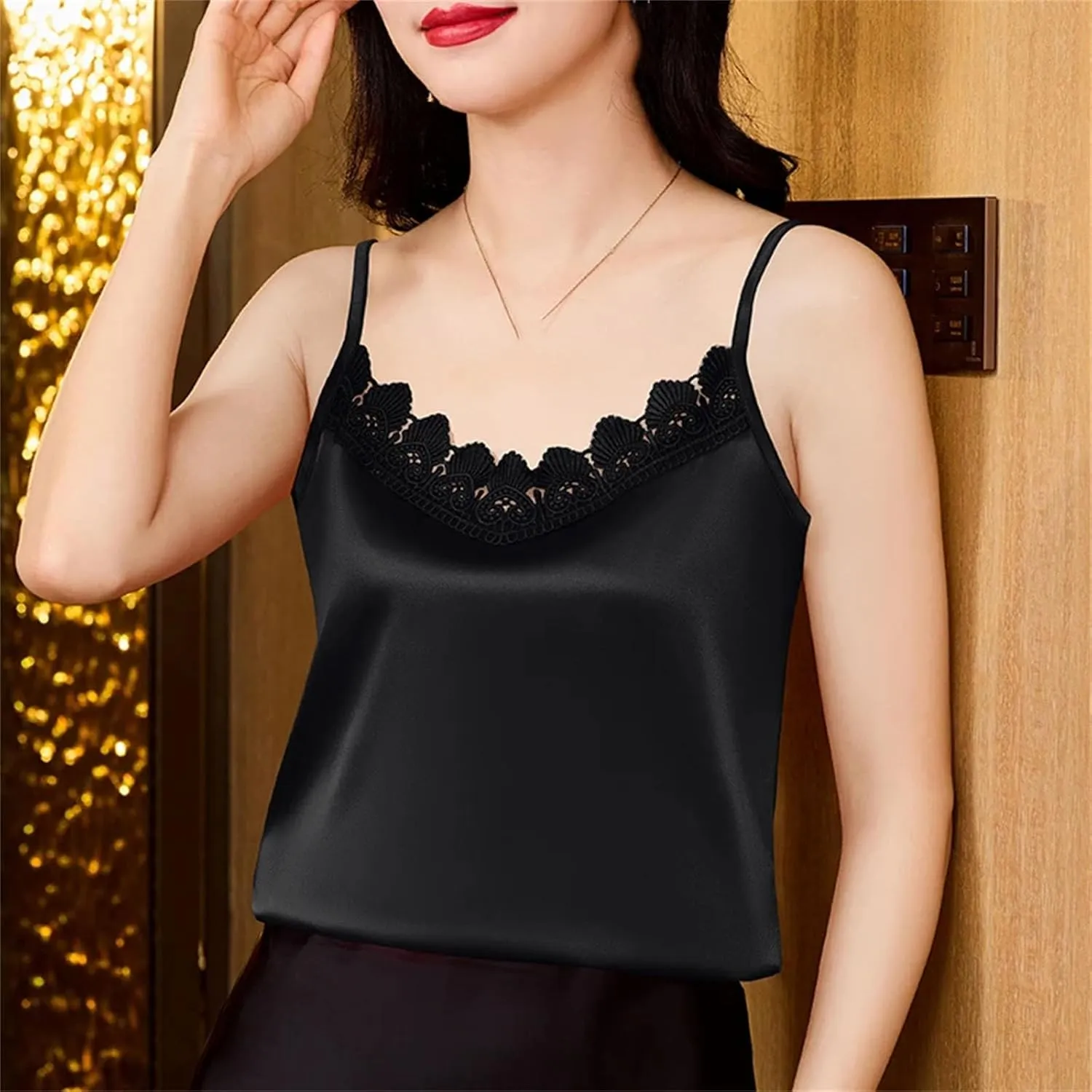 Women Sexy Silk Satin Tank Tops Camisole Spring V-Neck Patchwork Vest Shirt