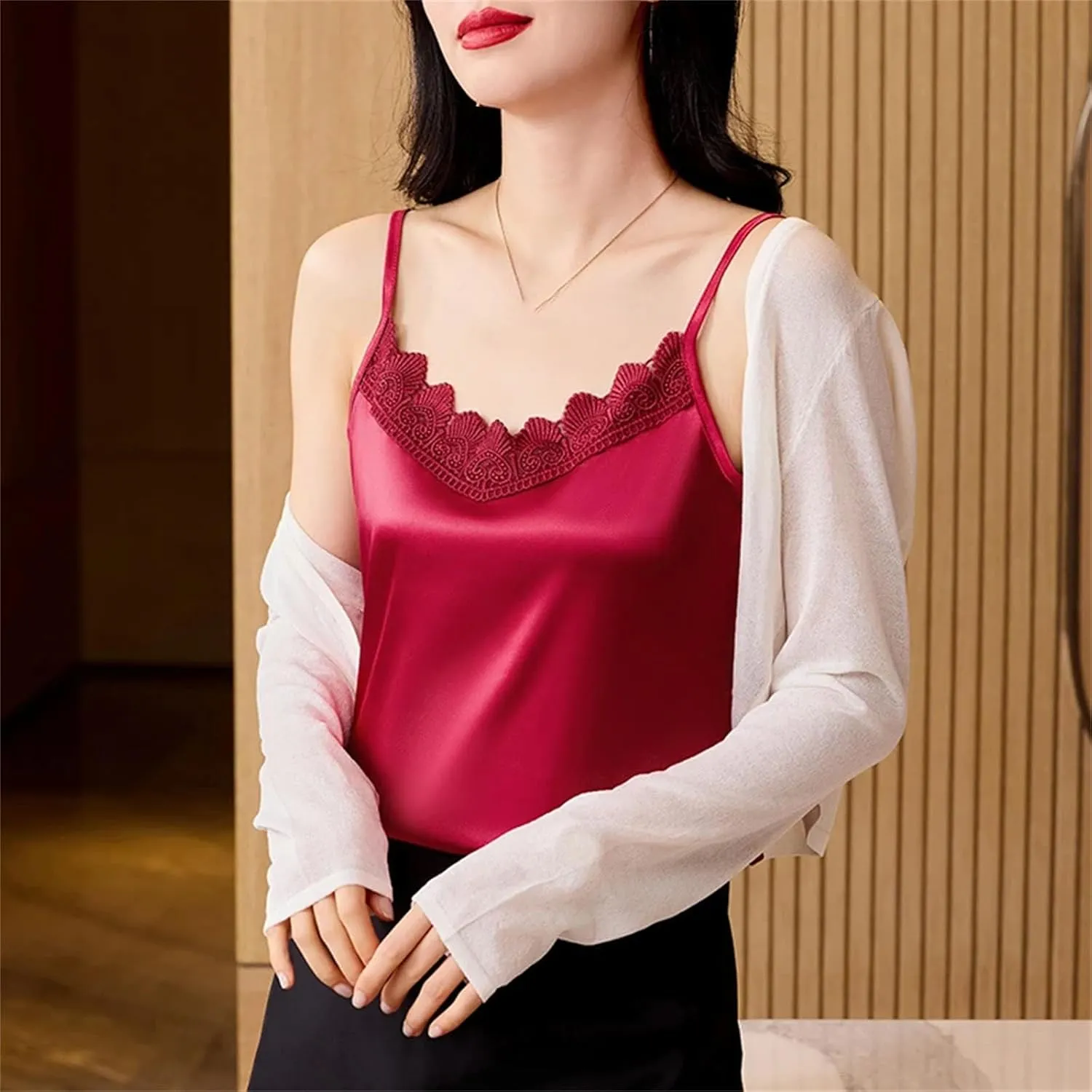 Women Sexy Silk Satin Tank Tops Camisole Spring V-Neck Patchwork Vest Shirt