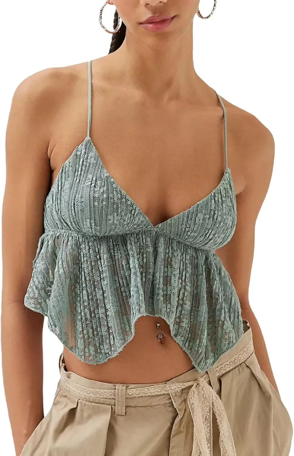 Women Sexy Y2k Camisole Spaghetti Strap Lace Frill Crop Top Bustier Backless Mesh Patchwork Tank Cami Aesthetic