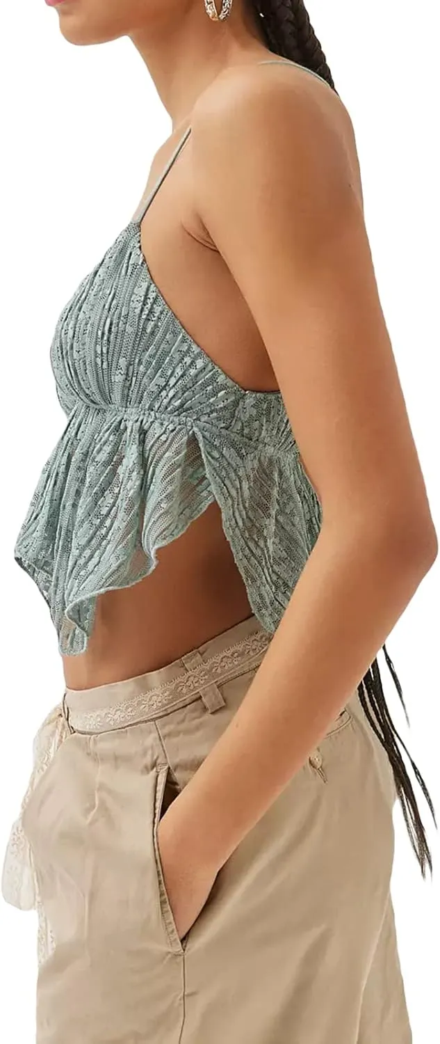 Women Sexy Y2k Camisole Spaghetti Strap Lace Frill Crop Top Bustier Backless Mesh Patchwork Tank Cami Aesthetic
