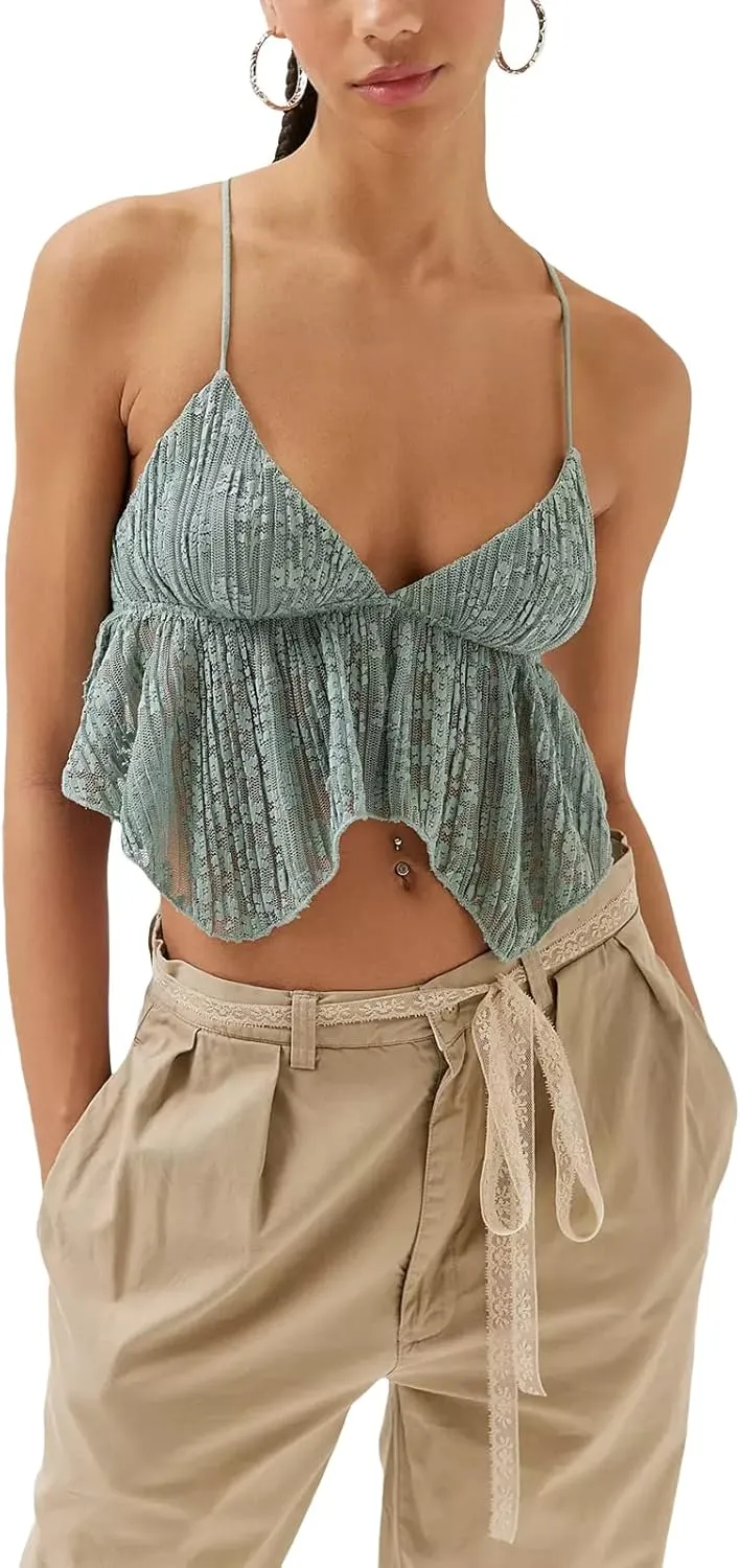 Women Sexy Y2k Camisole Spaghetti Strap Lace Frill Crop Top Bustier Backless Mesh Patchwork Tank Cami Aesthetic