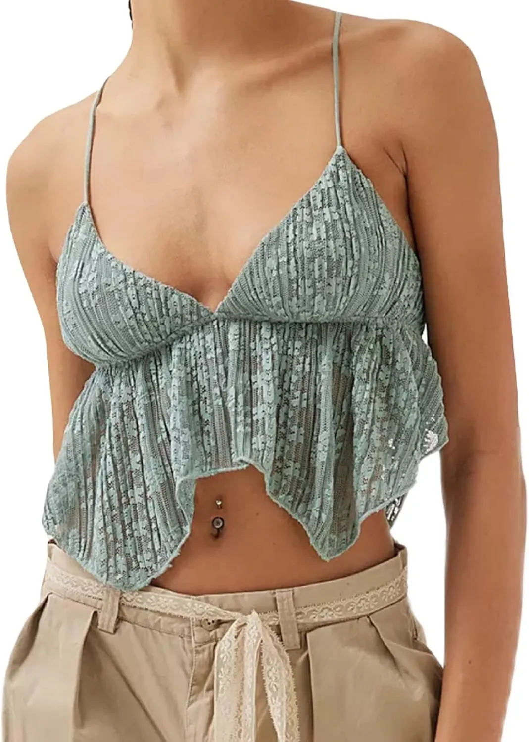 Women Sexy Y2k Camisole Spaghetti Strap Lace Frill Crop Top Bustier Backless Mesh Patchwork Tank Cami Aesthetic