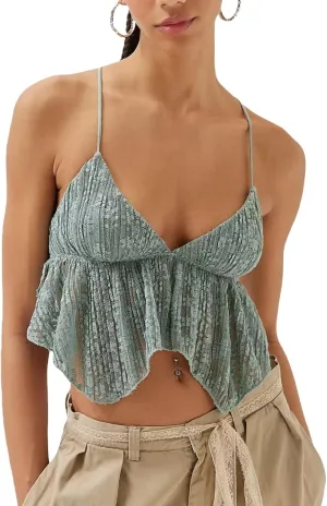 Women Sexy Y2k Camisole Spaghetti Strap Lace Frill Crop Top Bustier Backless Mesh Patchwork Tank Cami Aesthetic