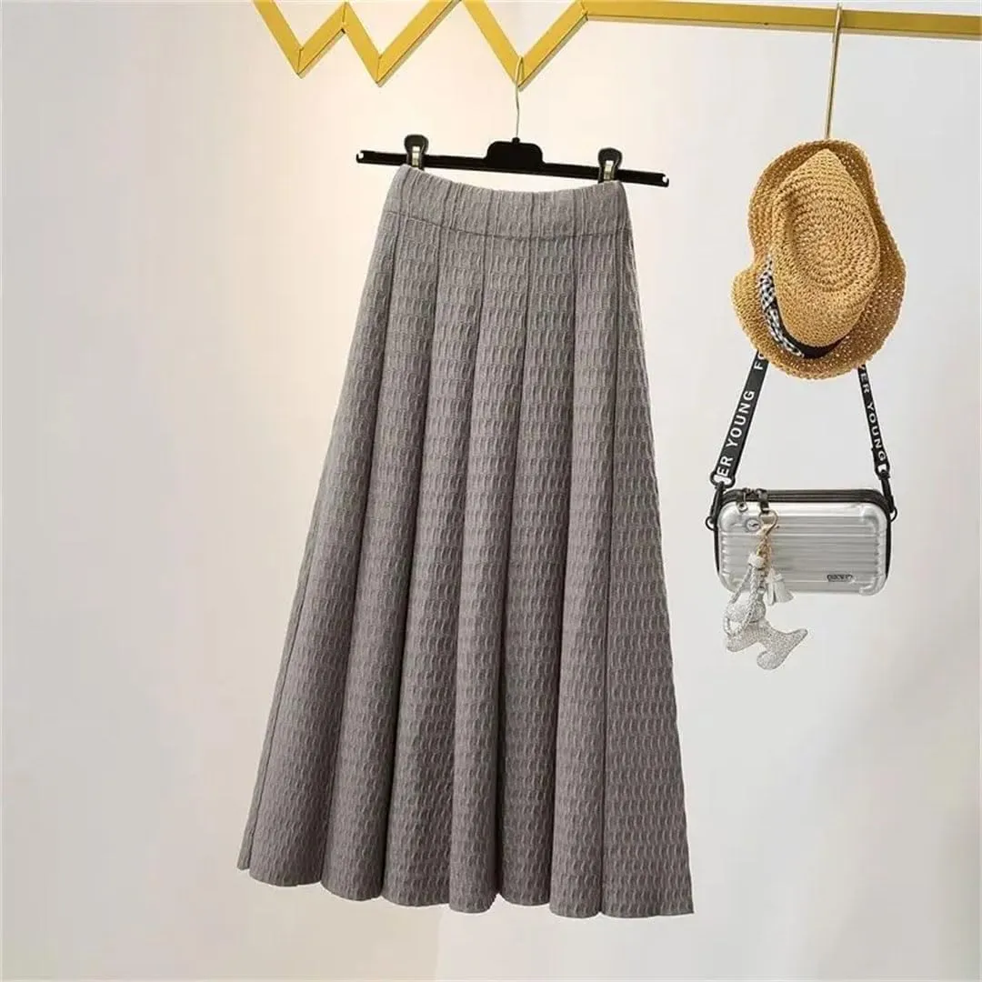 Women Solid Color Mid Length Knitted Half Length Skirt High Waist Slim Knit Pleated Skirt