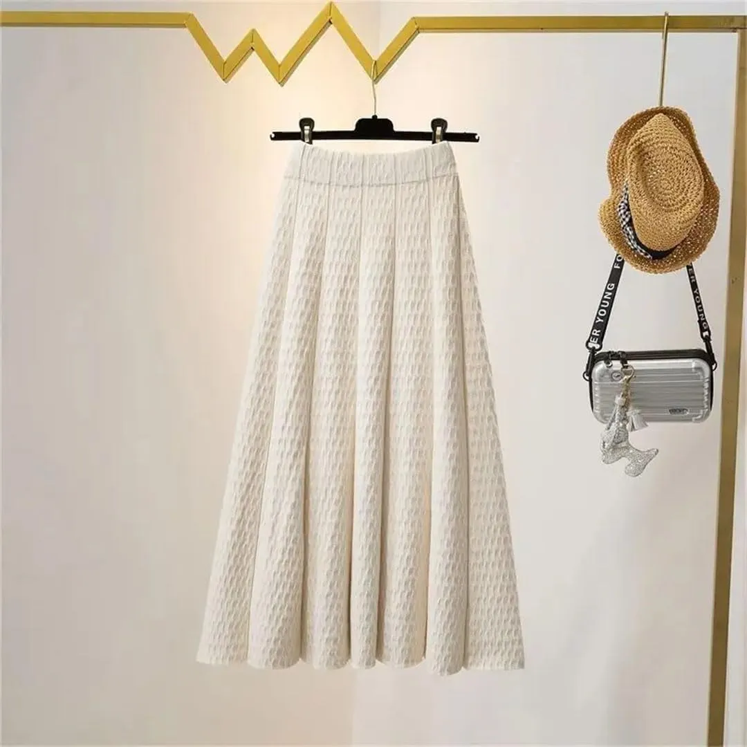 Women Solid Color Mid Length Knitted Half Length Skirt High Waist Slim Knit Pleated Skirt