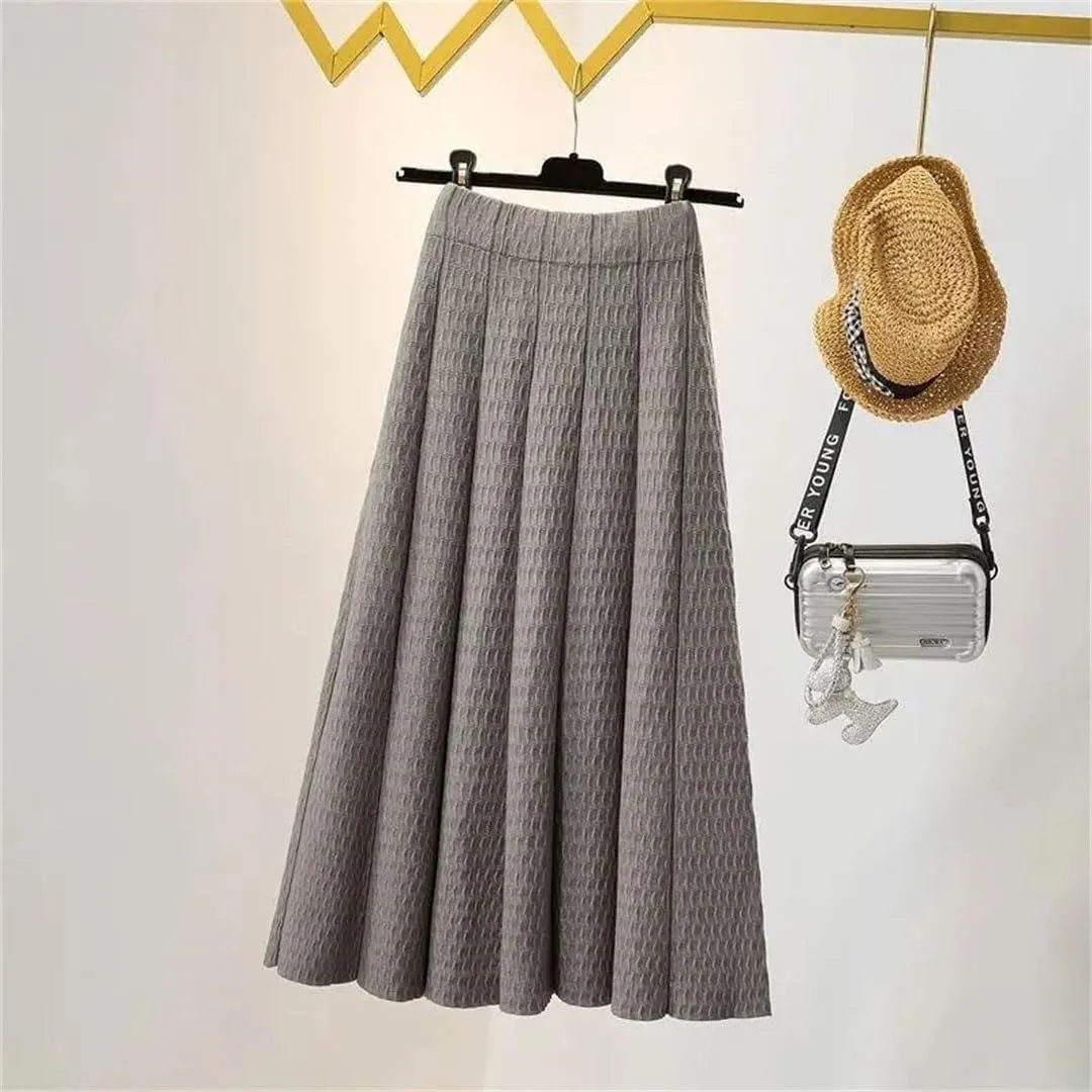 Women Solid Color Mid Length Knitted Half Length Skirt High Waist Slim Knit Pleated Skirt