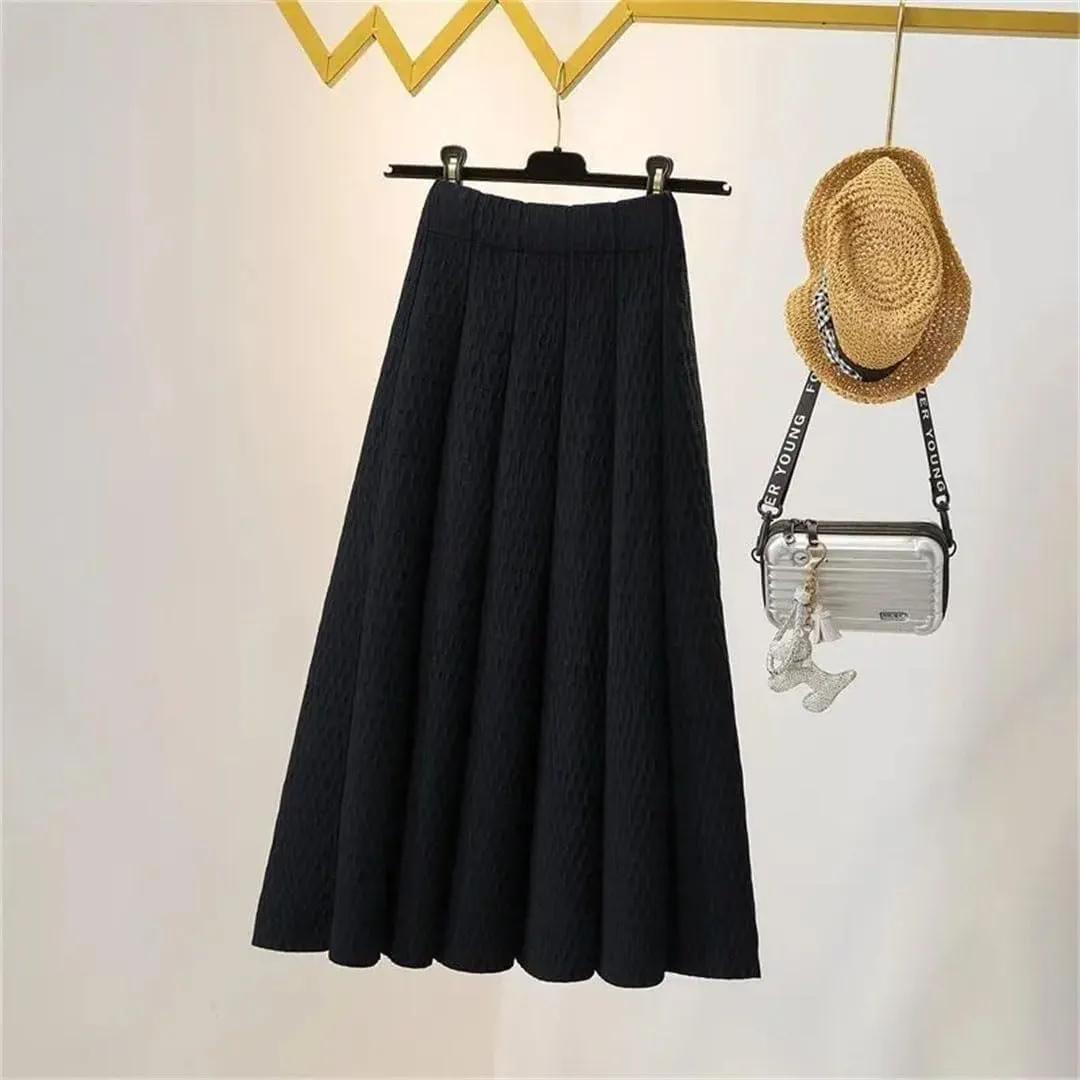 Women Solid Color Mid Length Knitted Half Length Skirt High Waist Slim Knit Pleated Skirt