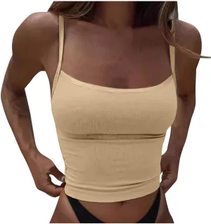 Women Spaghetti Strap Cropped Tank Solid High Elastic Sexy Camisole Sleeveless Summer Comfy Top Stretch Slim Fit Shirt