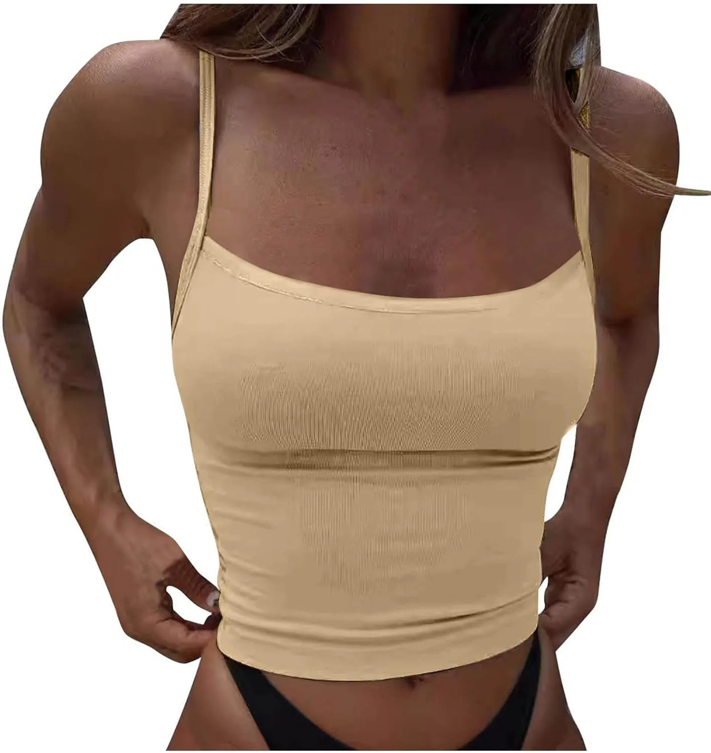 Women Spaghetti Strap Cropped Tank Solid High Elastic Sexy Camisole Sleeveless Summer Comfy Top Stretch Slim Fit Shirt